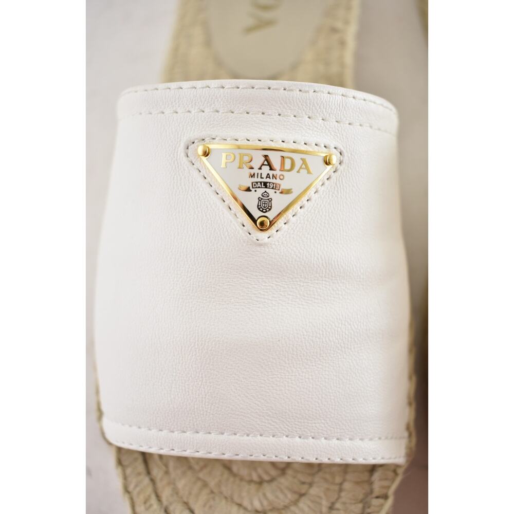 Prada Gold Triangle Logo Avorio White Leather Espadrille Slide Sandal Flat 37 - Picture 10 of 16